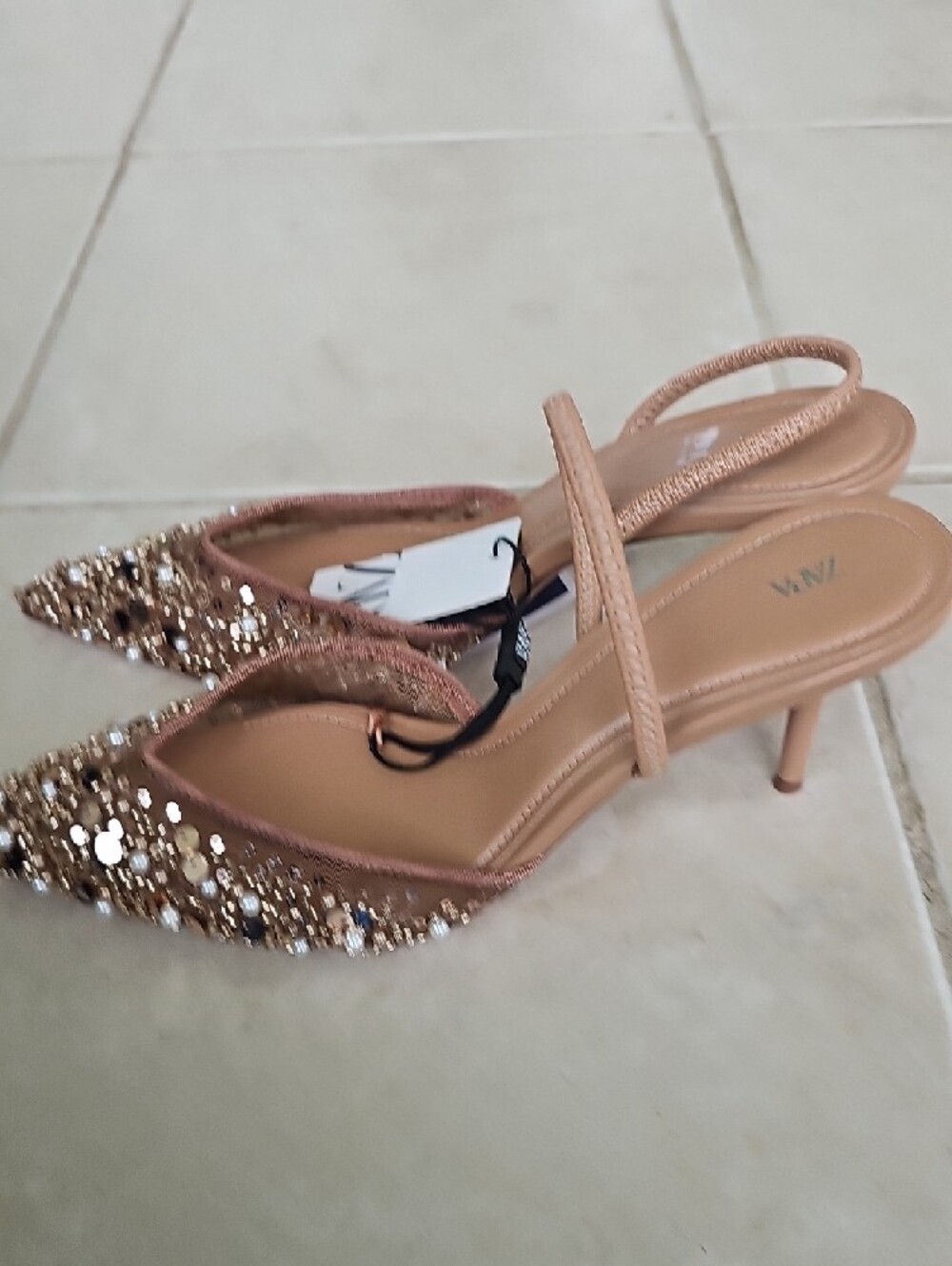 Zara Brown Embellished Pointed Slingback Heels - Picture 8 of 9